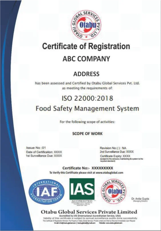 contoh sertifikat iso 22000 otabu